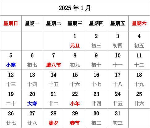 2025年台历 有农历，无周数，周日开始